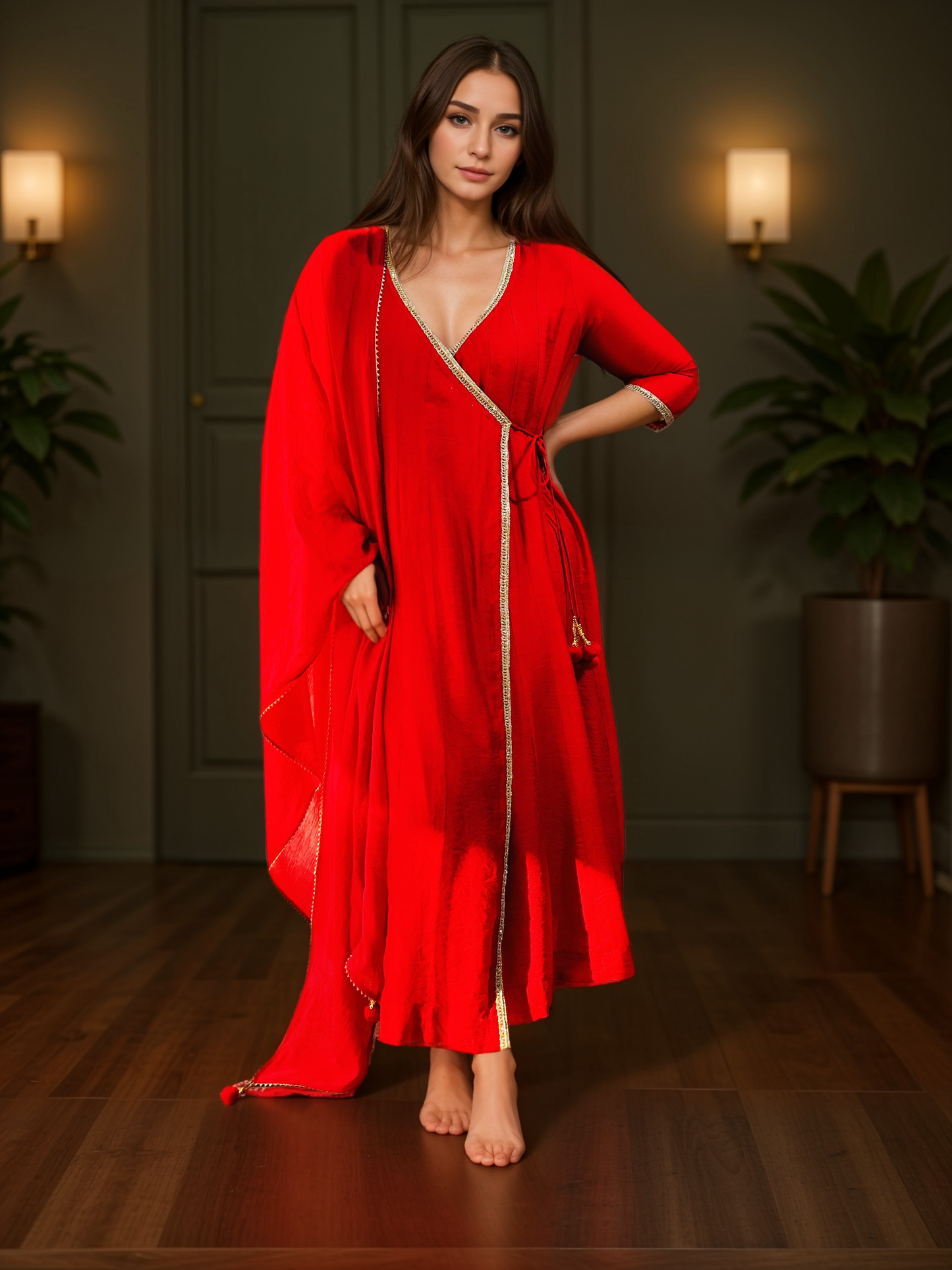 Chanderi red Angrakha suit