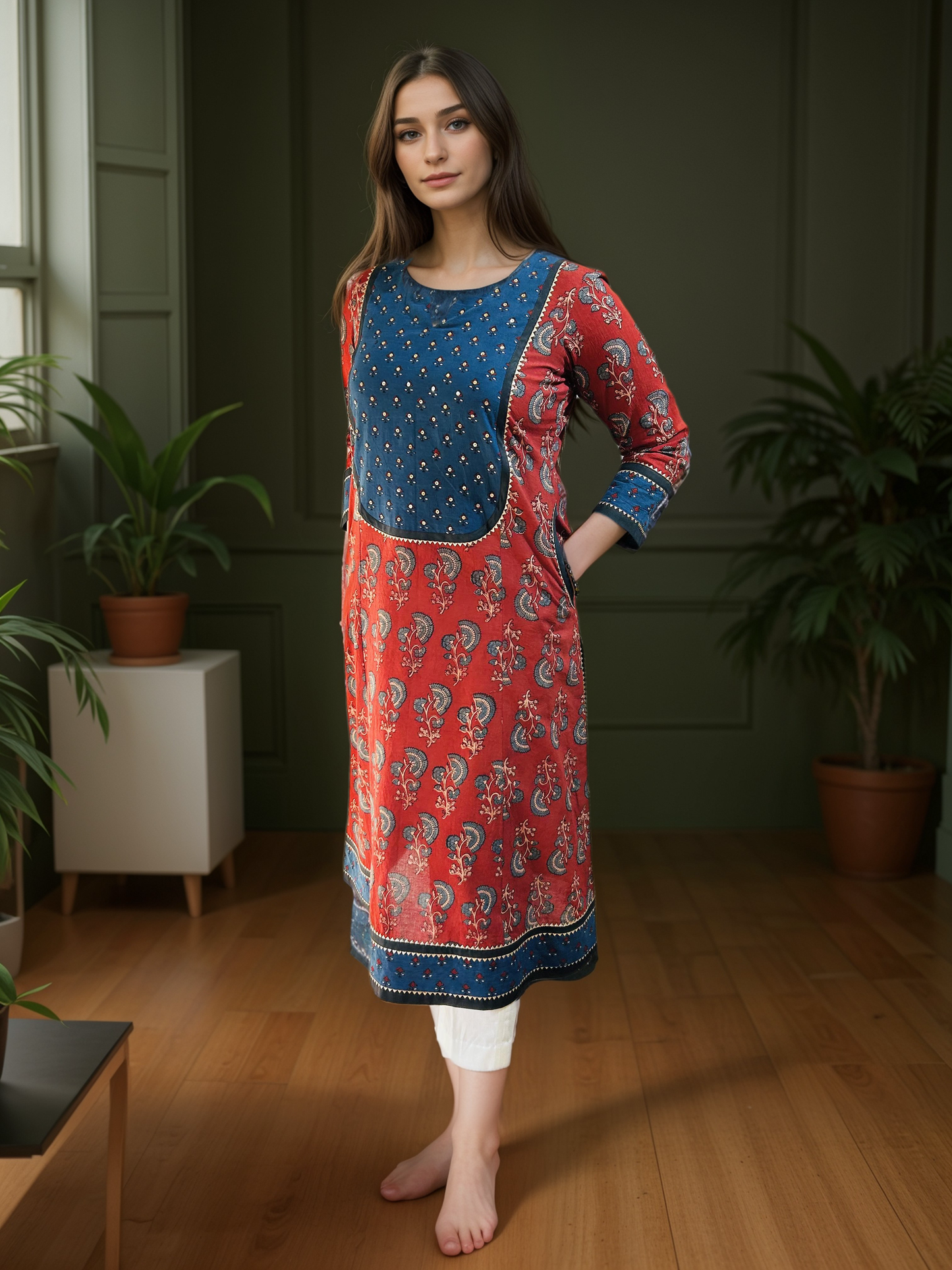 3 Kali Ajrakh kurta with pockets - Set of 2