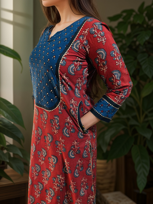 3 Kali Ajrakh kurta with pockets - Set of 2