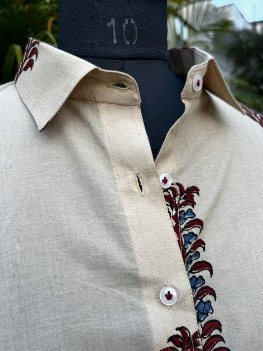 Pure Ajrakh cotton shirt - White